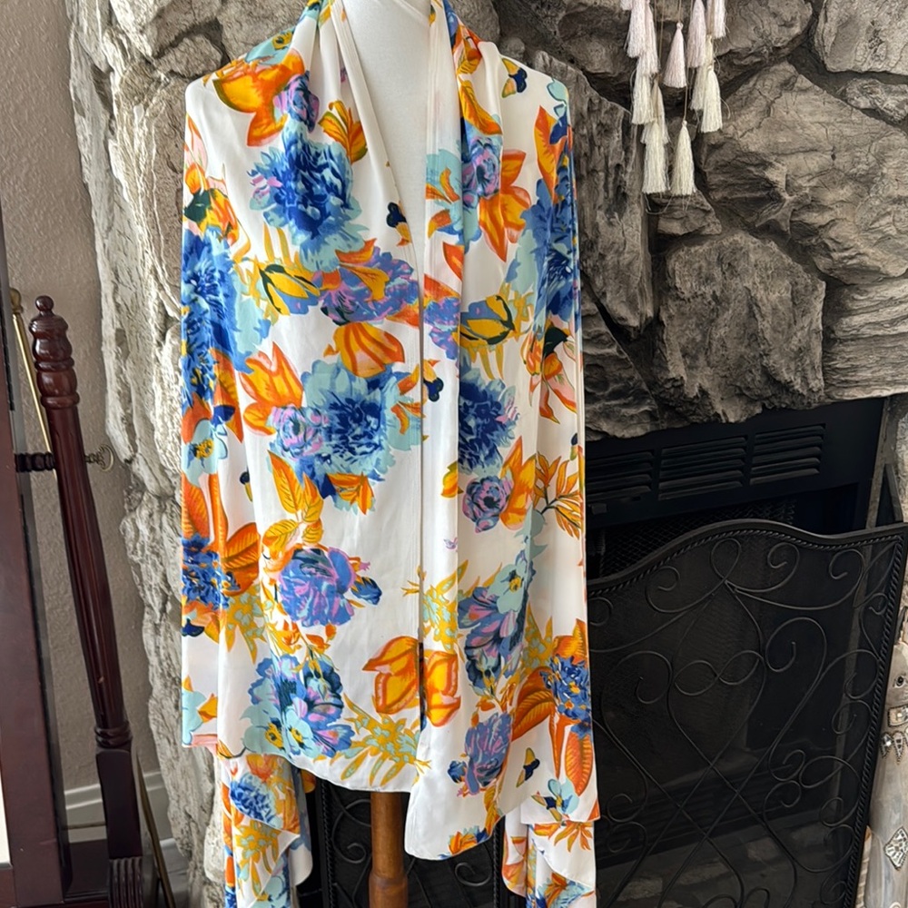 Floral Scarf with Blue and Orange Accents